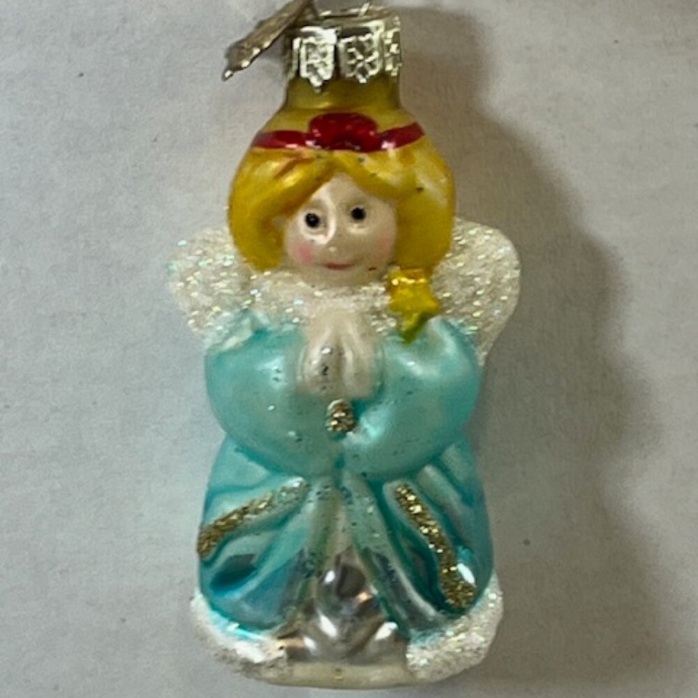 VTG Christmas Angel Hand Blown Glass Glitter Holiday Tree Ornament 1.75"x3.25"